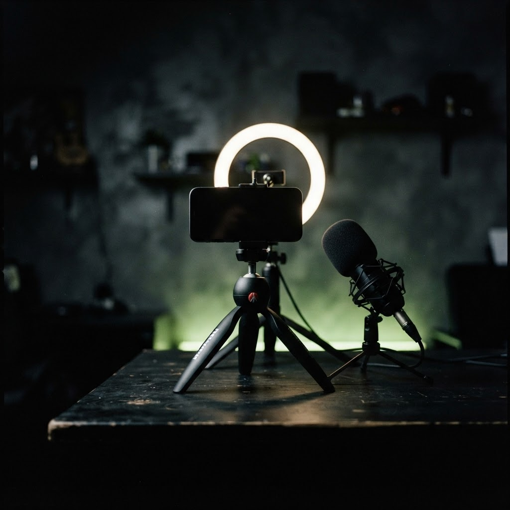 Phone on a tripod with a ring light and microphone in a dark room