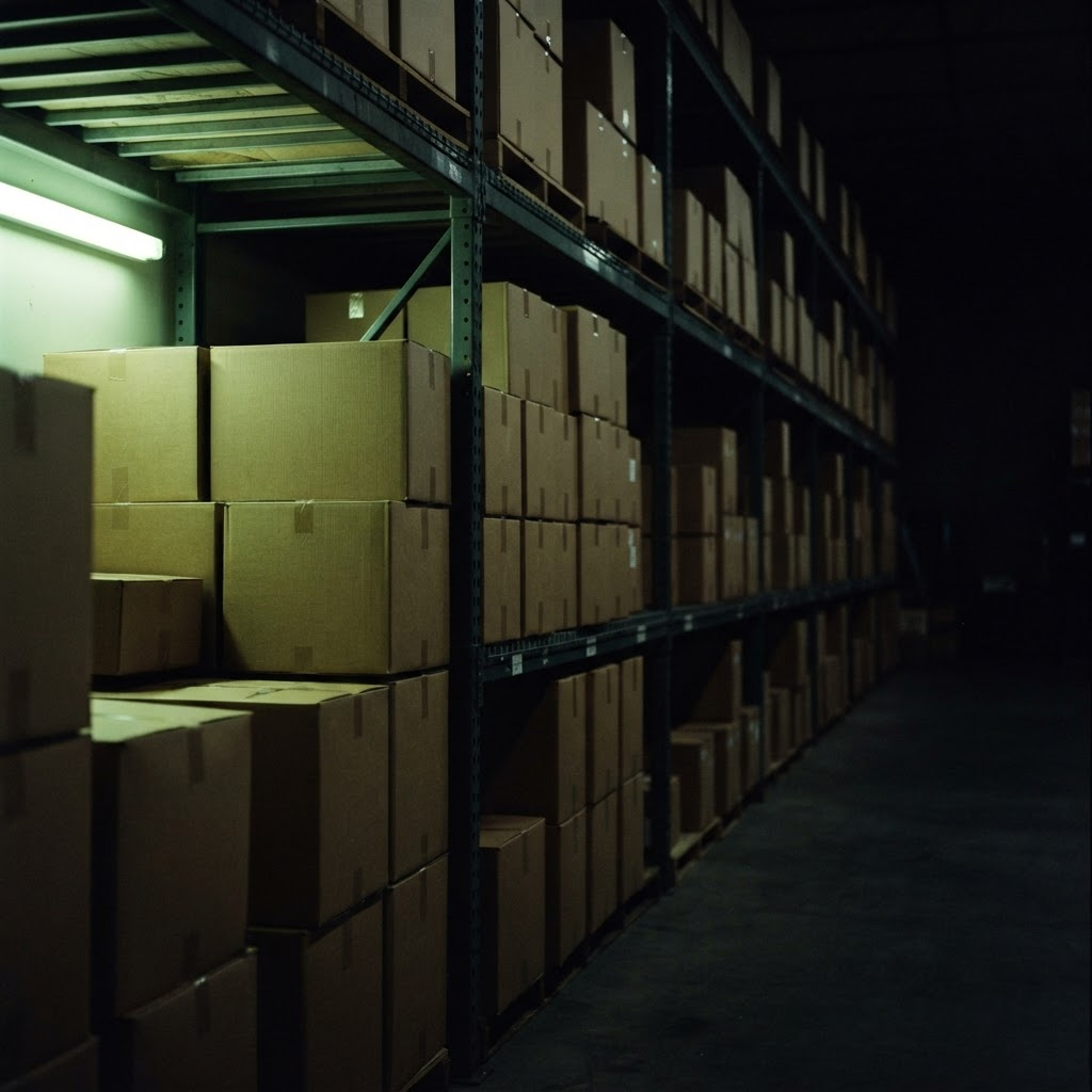 Stacked cardboard shipping boxes on warehouse shelving