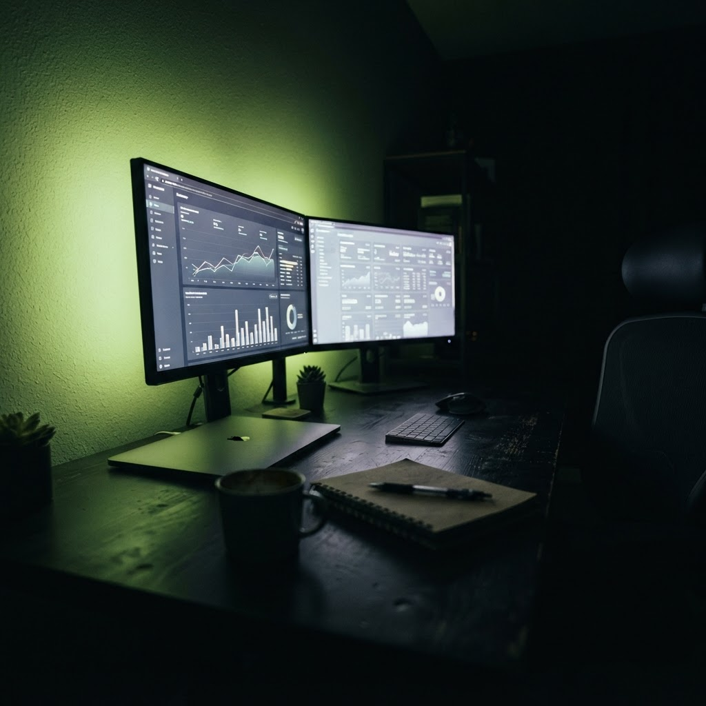 Dark desk setup with monitors showing e-commerce analytics dashboards